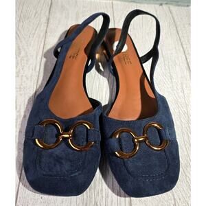 Tinstree Blue Suede Slingback Flats Gold Ring And Heel Accents Size 11 City Chic